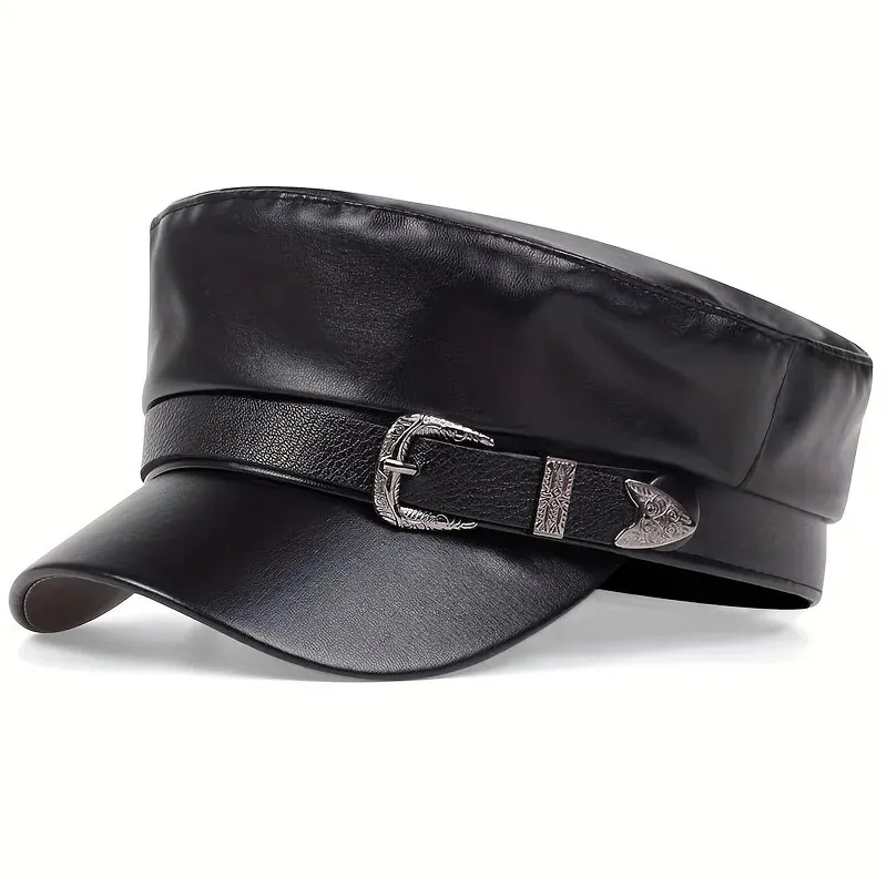 Leather Work Hat - Modevrouwen grote riemgesps lederen hoed lente