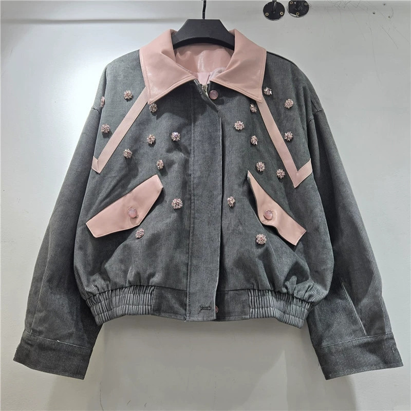 Leatherwork Flowers - Zwaar bewerkte corduroy jas met kralen,